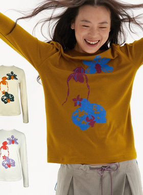 597c原创防晒长袖上衣女2025新款薄款宽松t恤早秋人棉印花内外穿