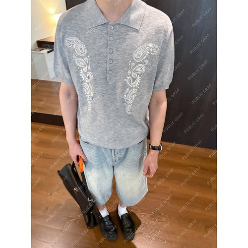 高林凡 设计款韩风个性腰果花翻领短袖T恤男夏季宽松复古针织上衣