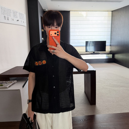 高林凡 【小花刺绣】夏季镂空衬衣设计感古巴领短袖衬衫慵懒上衣