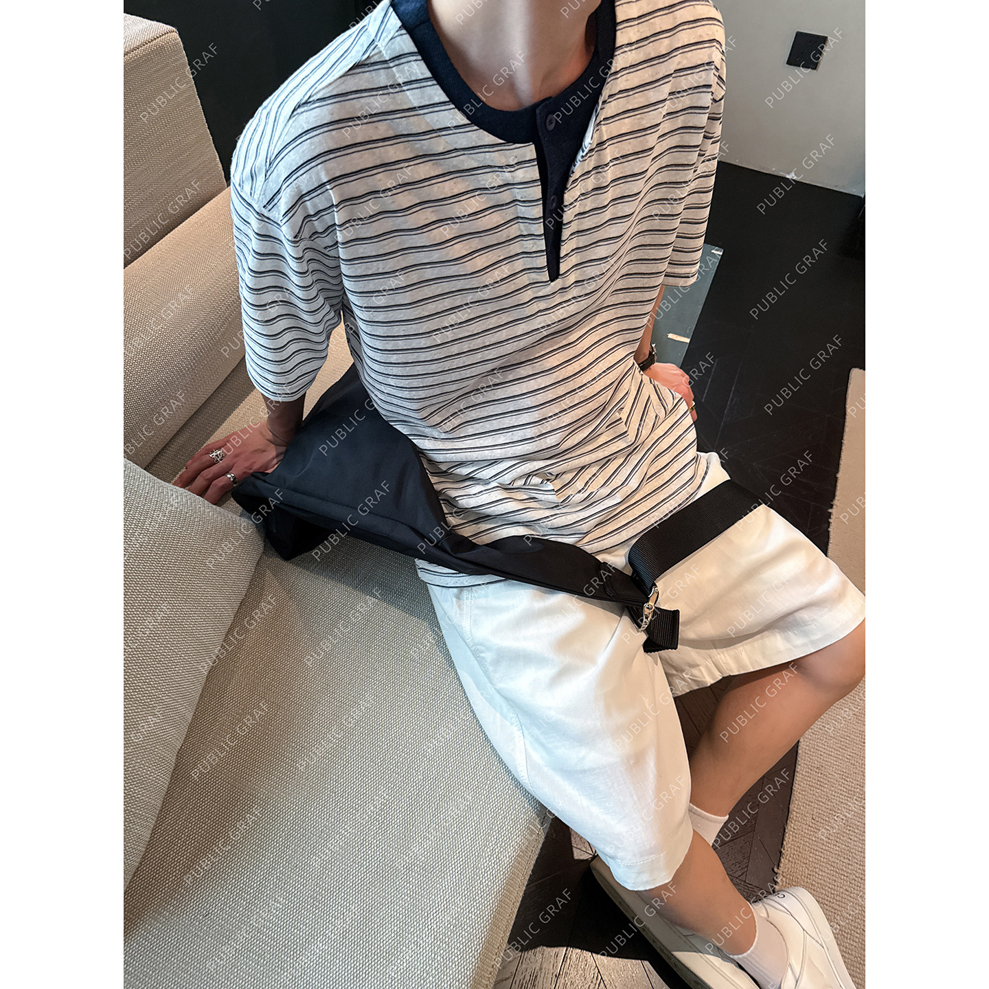 高林凡 【假两件拼接】夏季韩系复古宽松条纹短袖T恤男女亚麻上衣
