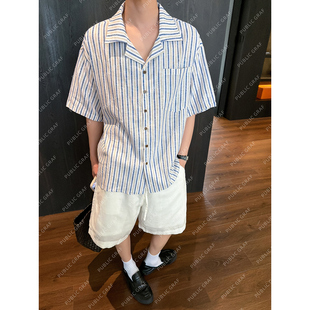 高林凡 夏季度假风麻料条纹衬衣宽松短袖古巴领衬衫男女上衣