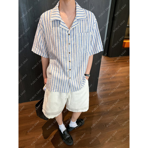 高林凡 夏季度假风麻料条纹衬衣宽松短袖古巴领衬衫男女上衣