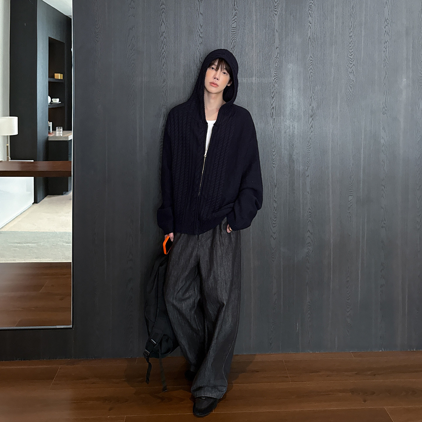 高林凡 韩系宽松麻花连帽拉链针织开衫 休闲通勤百搭连帽毛衣