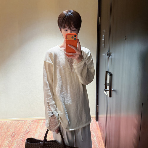 高林凡  【松弛感】破洞针织长袖T恤男女慵懒风轻薄防晒衫体恤