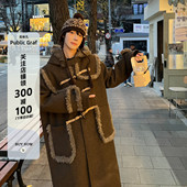 呢大衣外套男女同款 高林凡 复古格纹拼接毛毛设计感中长款