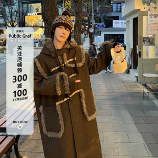 高林凡 复古格纹拼接毛毛设计感中长款呢大衣外套男女同款