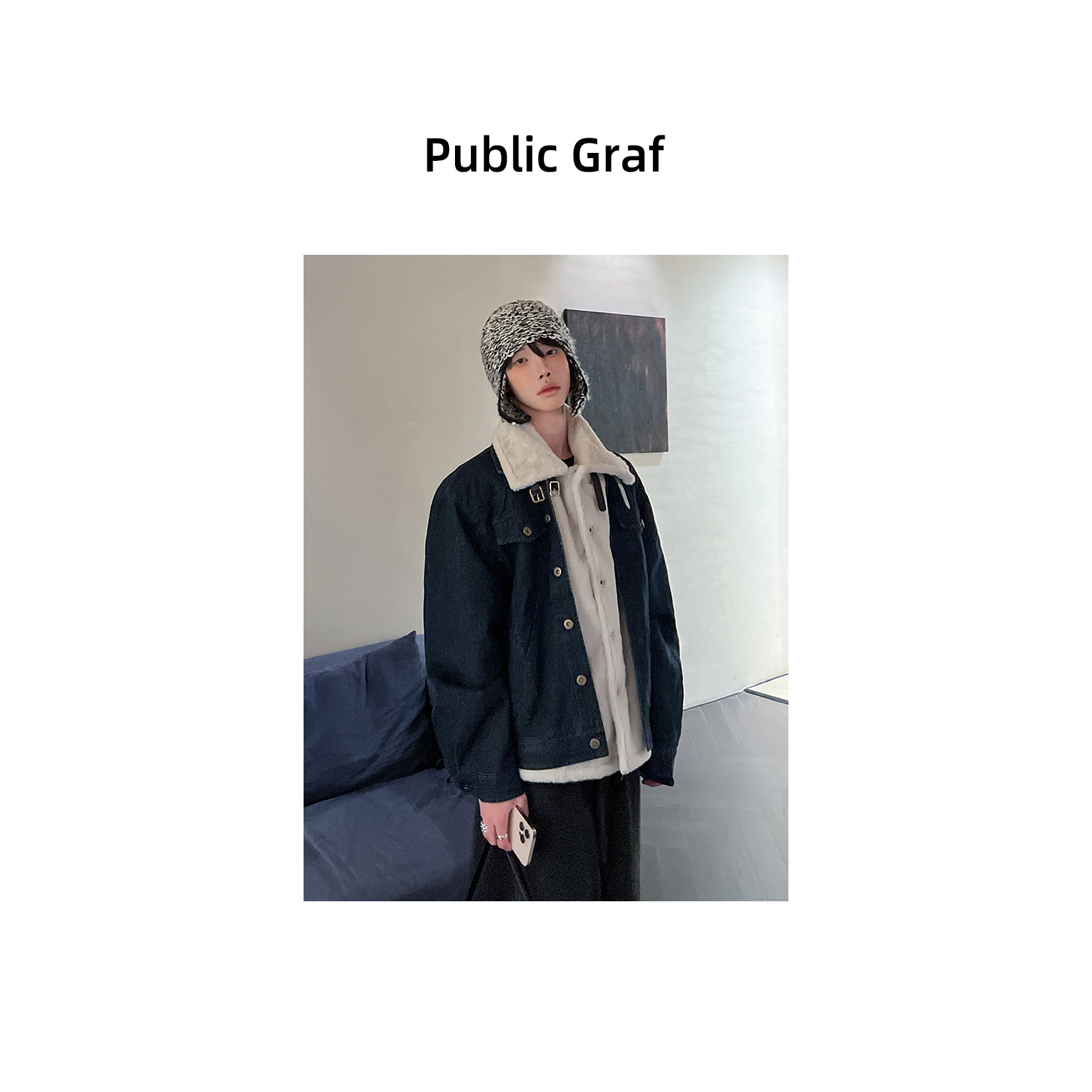 高林凡 假两件拼接宽松设计感保暖毛毛翻领百搭牛仔夹克外套男