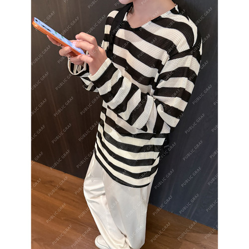 高林凡 抗皱好打理 小众设计感镂空条纹长袖T恤松弛感打底衫
