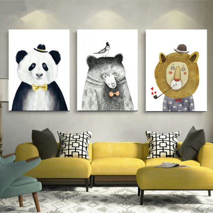 北欧狮子熊简约动物先生卡通无框组合客厅装饰画背景墙小清新挂画