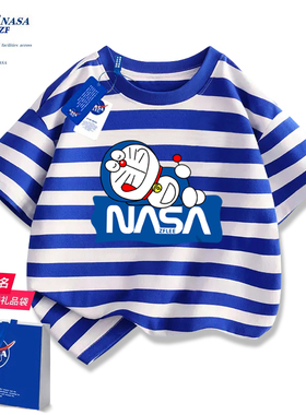 NASA女童短袖t恤2026新款卡通条纹洋气男童夏装纯棉休闲儿童上衣