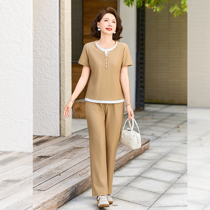 中年妈妈新款夏装休闲运动套装中老年女夏季短袖卫衣阔腿裤两件套