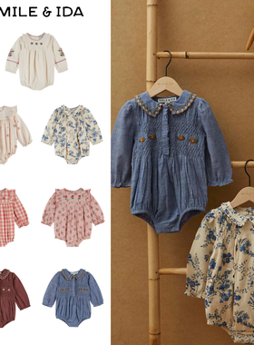 emile et ida25秋冬新款婴儿女小童宝宝碎花格子花边长袖包屁衣5Z