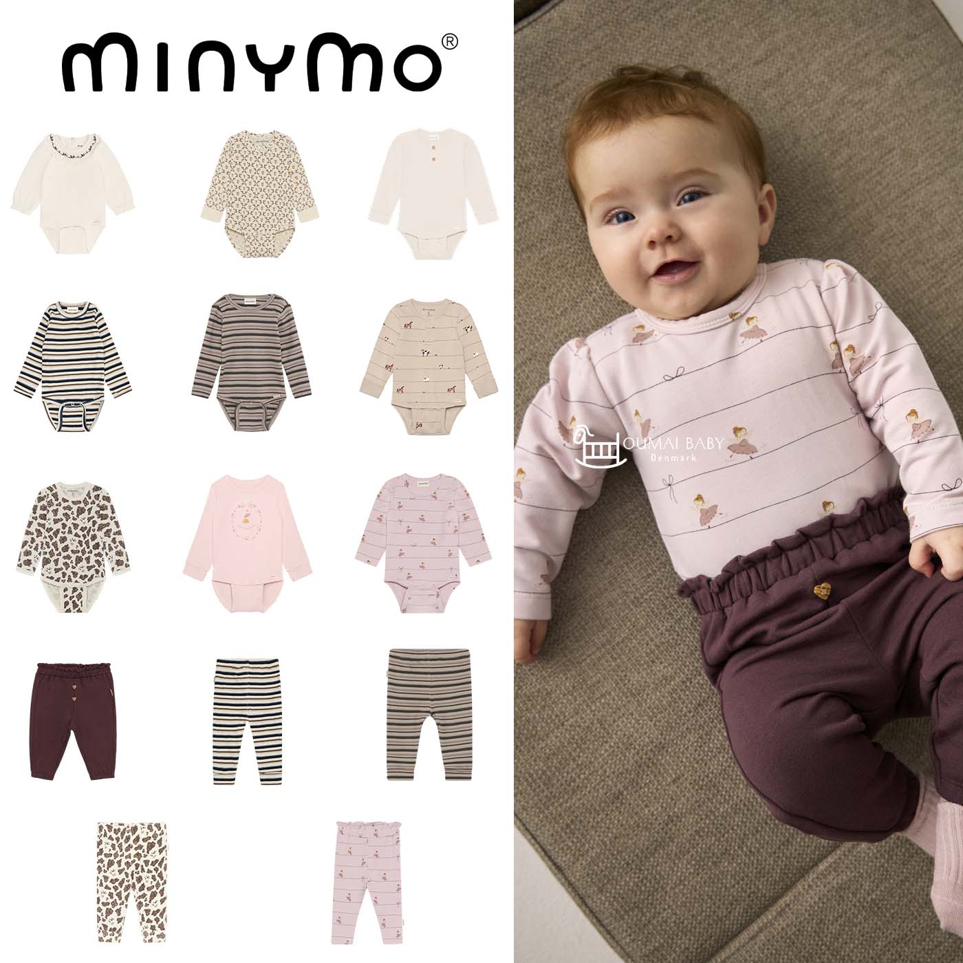minymo26秋冬长袖条纹包屁衣搭配印花长裤男女宝宝贴身家居服