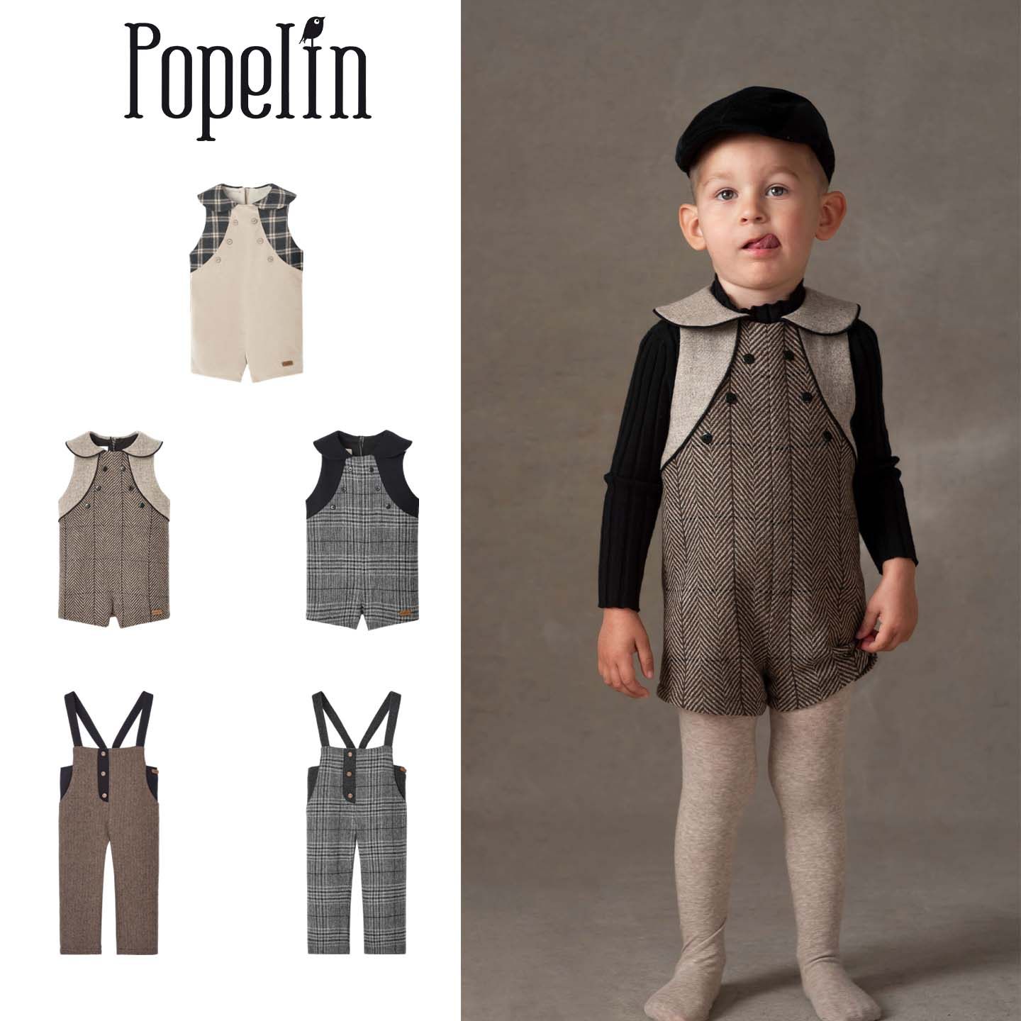 popelin25秋冬新款婴儿宝宝男孩小童英伦无袖连体衣背带长裤子5Z