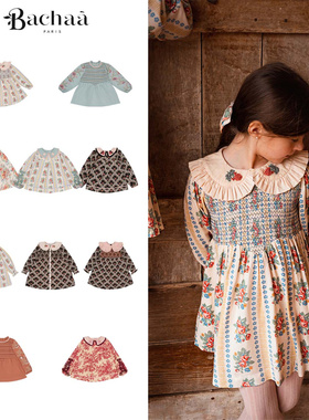 Bachaa25秋冬新款宝宝女孩中小童甜美复古长袖碎花衬衣连衣裙短裙
