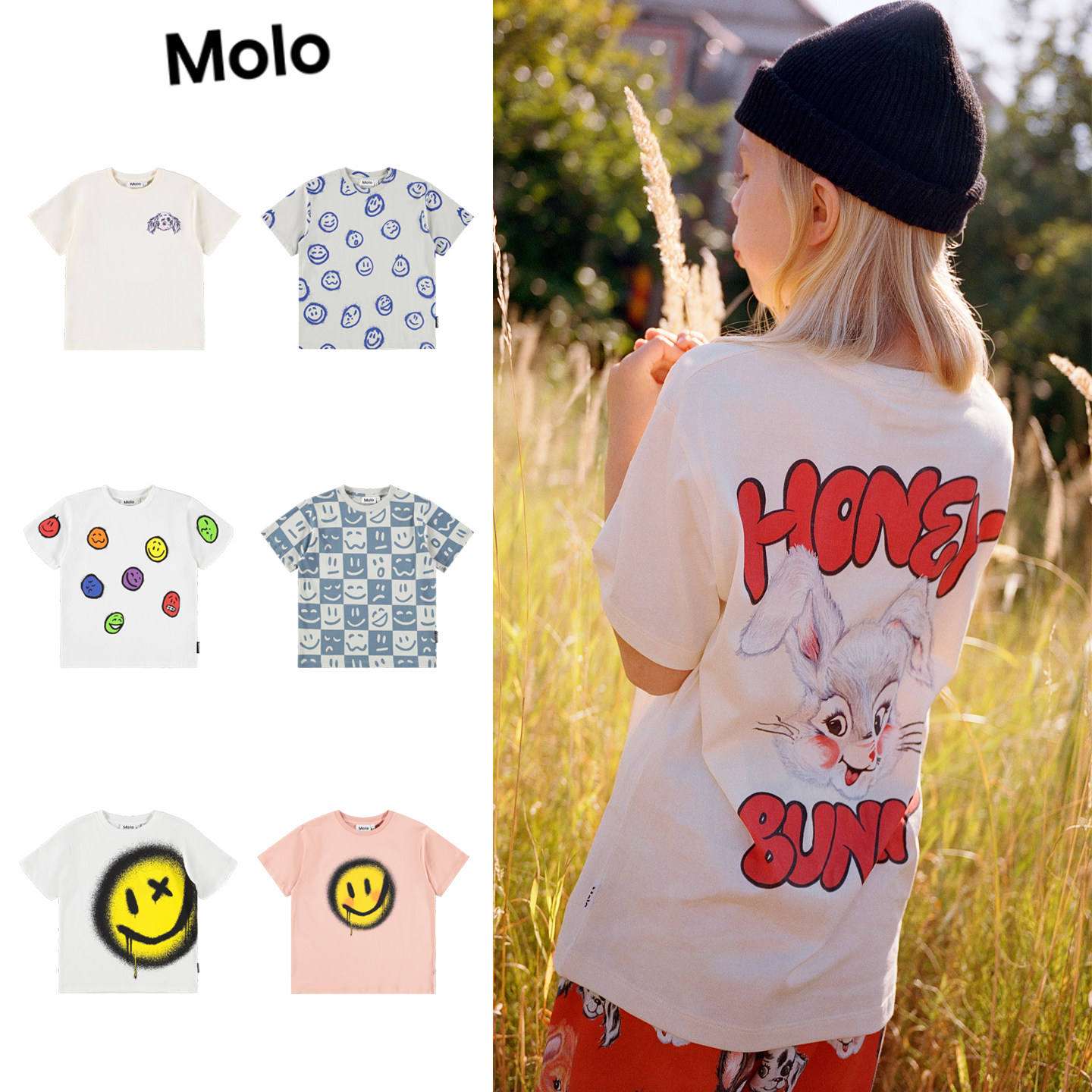 Molo25秋冬新款宝宝男女小童柔软笑脸卡通夏季纯棉短袖T恤上衣5Z