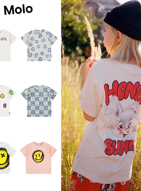 Molo25秋冬新款宝宝男女小童柔软笑脸卡通夏季纯棉短袖T恤上衣5Z