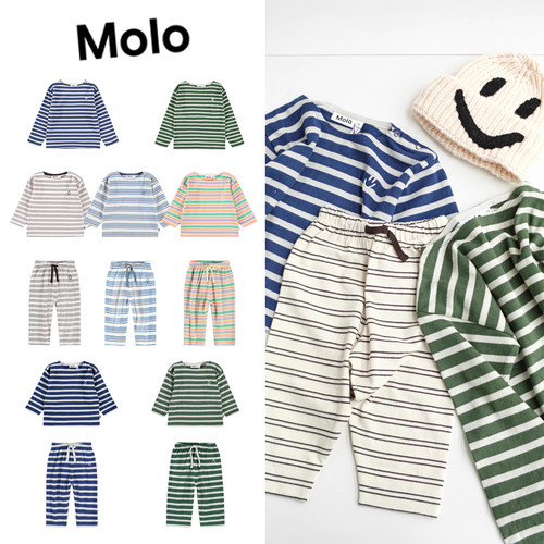 Molo aw25新款男童女童日常纯色条纹印花薄T恤绑带长裤5Z