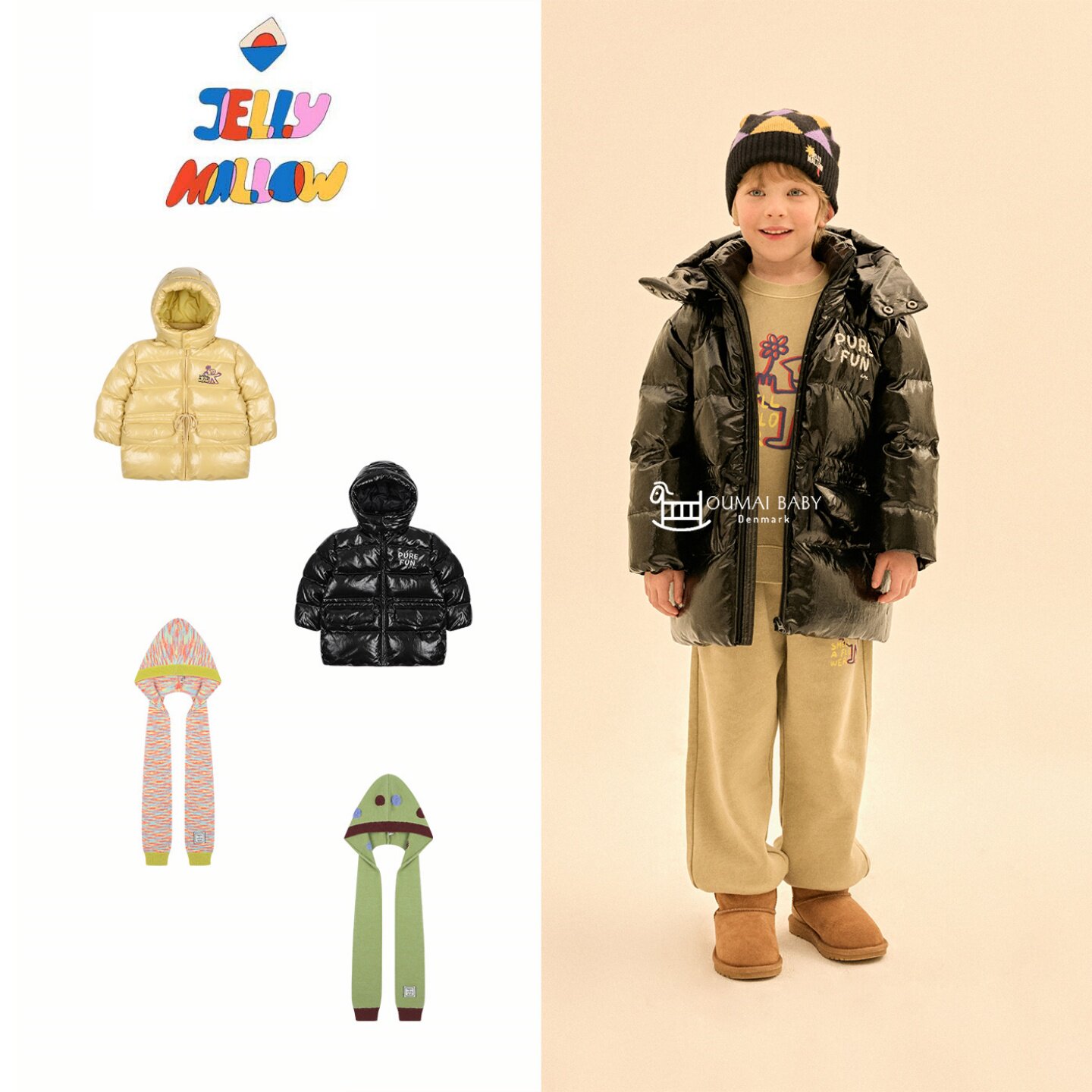 Jellymallow26秋冬新款小宝宝男女儿童保暖帽子厚实羽绒棉服外套