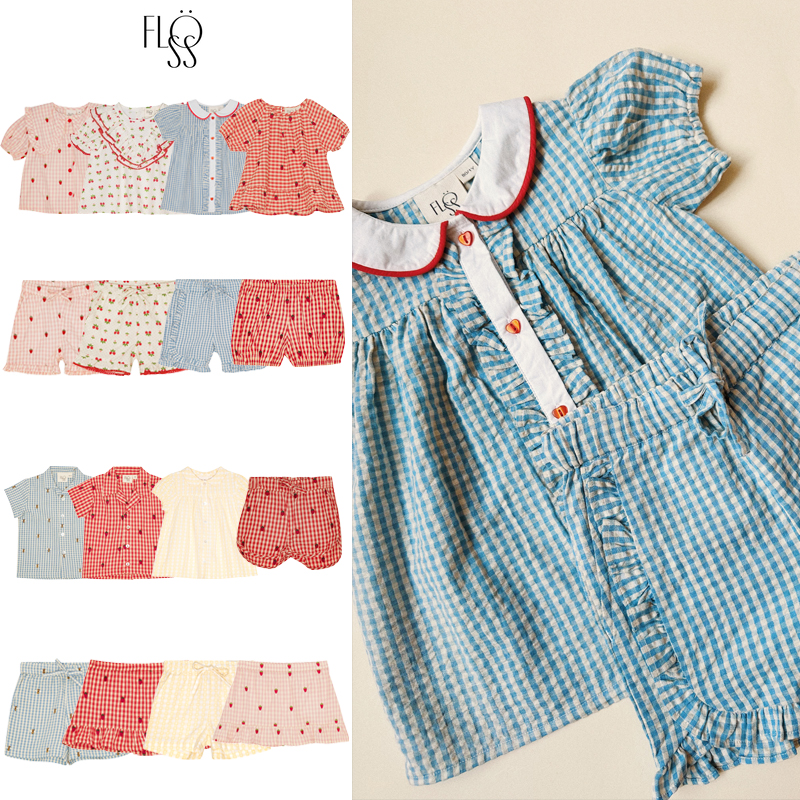 floess25春夏新款宝宝女孩小童甜美草莓短袖衬衣薄上衣短裤半裙5Z