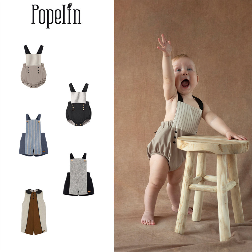 popelin26春夏新款宝宝男孩儿童复古英伦拼色条纹连体衣背带短裤