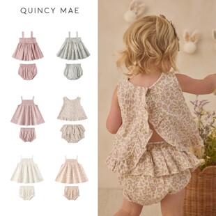 Quincy Mae26春夏新款宝宝女孩儿童碎花吊带上衣花苞短裤裤套装