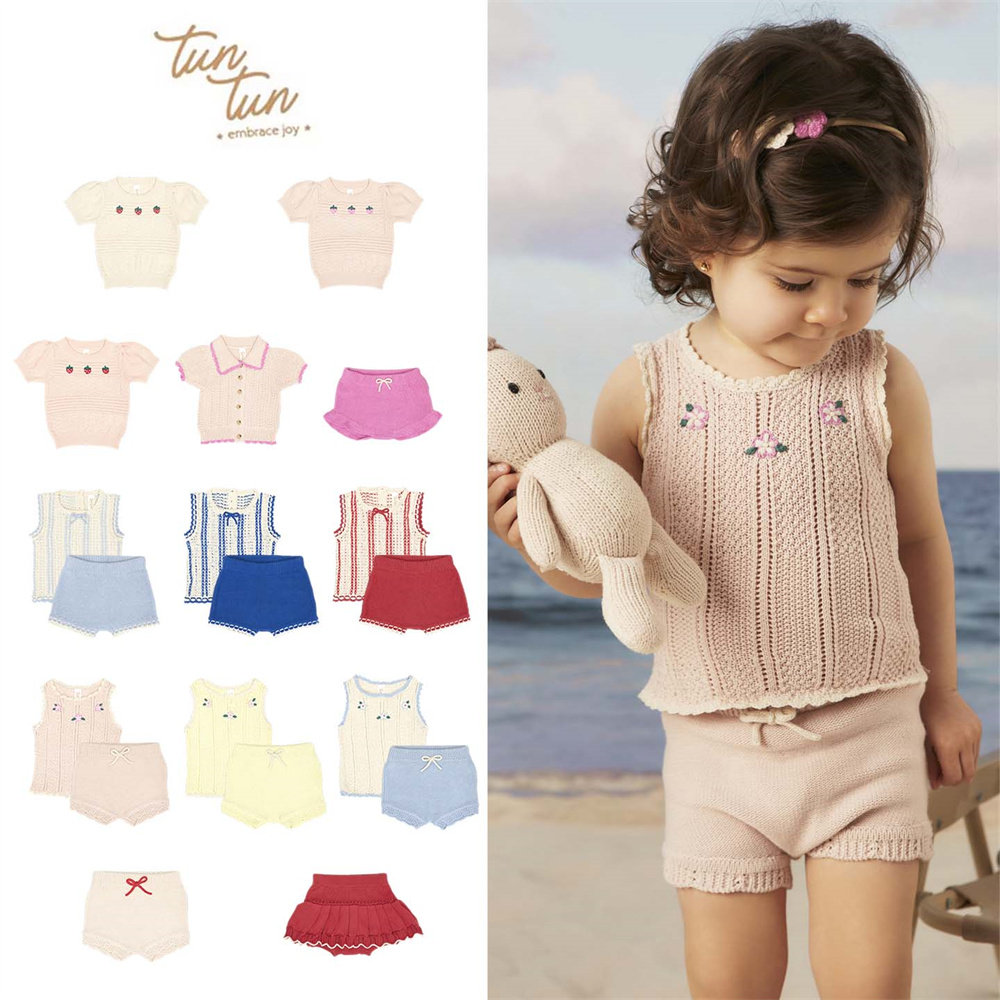 Tun Tun26春夏新款宝宝女童针织甜美花朵背心短袖上衣半裙短裤子