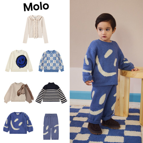 Molo aw25新款男童女童日常保暖印花条纹针织毛衣开衫毛裤5Z