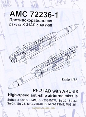 AMC 72236-1苏联Kh-31AD高速反舰导弹AKU-58挂架1/72树脂拼装模型