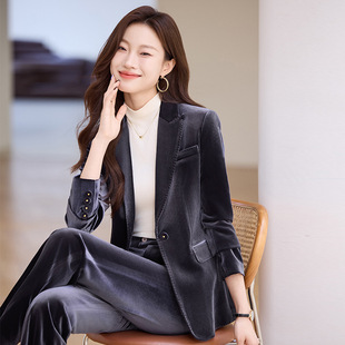2024冬季炸街气质女神范高端长袖金丝绒套装西装小西装修身ol轻奢