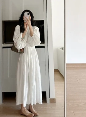 【锐达】法式重工连衣裙2025春季温柔泡泡袖白色高级感小香风长裙