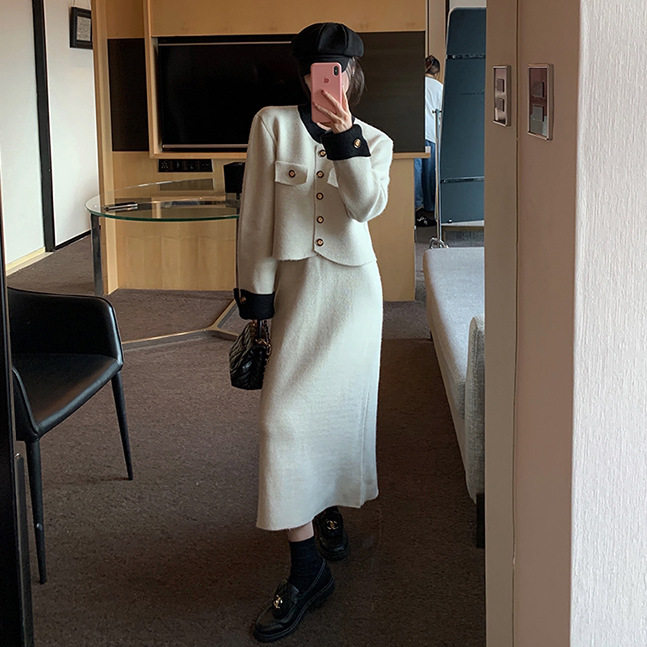 单排扣撞色小香风针织套装女秋冬新款气质高级感时尚半身裙两件套,女装/女士精品,时尚套装,淘宝优惠券,粉丝福利购,淘宝优惠卷