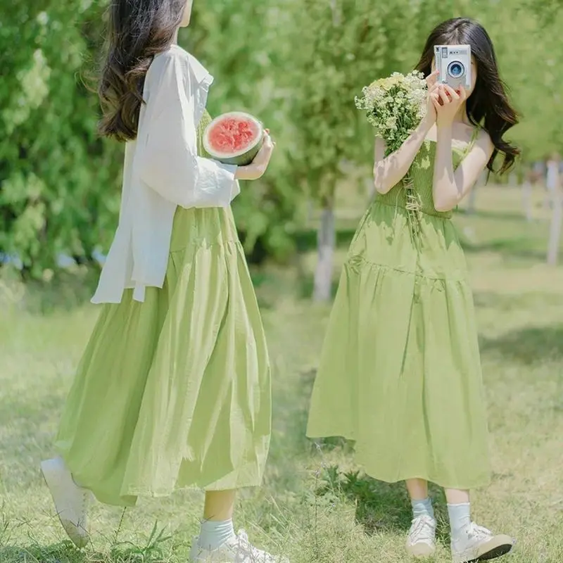 2025新款茶歇法式绿色吊带连衣裙子夏季气质女装森系长裙两件套装,女装/女士精品,时尚套装,淘宝优惠券,粉丝福利购,淘宝优惠卷