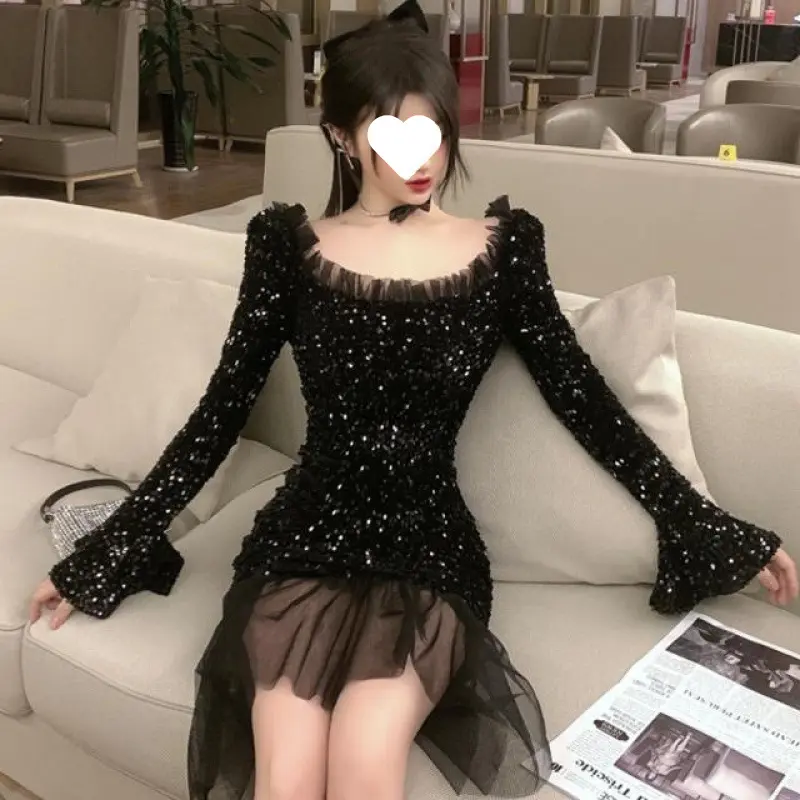 2024秋冬新款时尚喇叭袖重工亮片网纱百褶鱼尾修身显瘦连衣裙女潮,女装/女士精品,连衣裙,淘宝优惠券,粉丝福利购,淘宝优惠卷