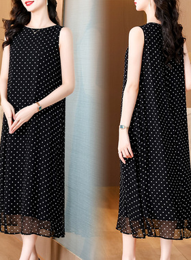 prfs9318法式气质复古宽松显瘦波点连衣裙女2025夏季黑色吊带裙