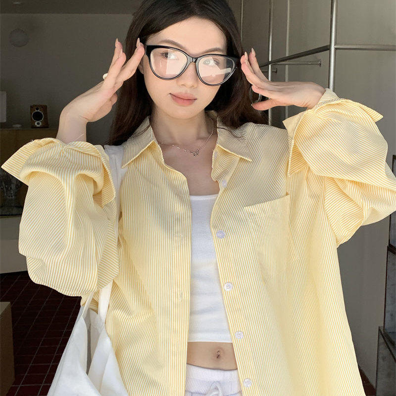 大码胖mm黄色ins韩系条纹衬衫女甜美设计感宽松衬衣外套夏季薄款图片