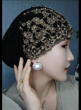 帽子女盖头女回秋冬款新款头巾妈妈加厚钉珠纱巾老年包头帽