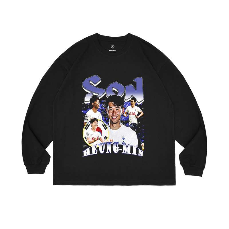 Son Heung Min孙兴慜圆领宽松长袖重磅休闲上衣足球印花衣水洗旧