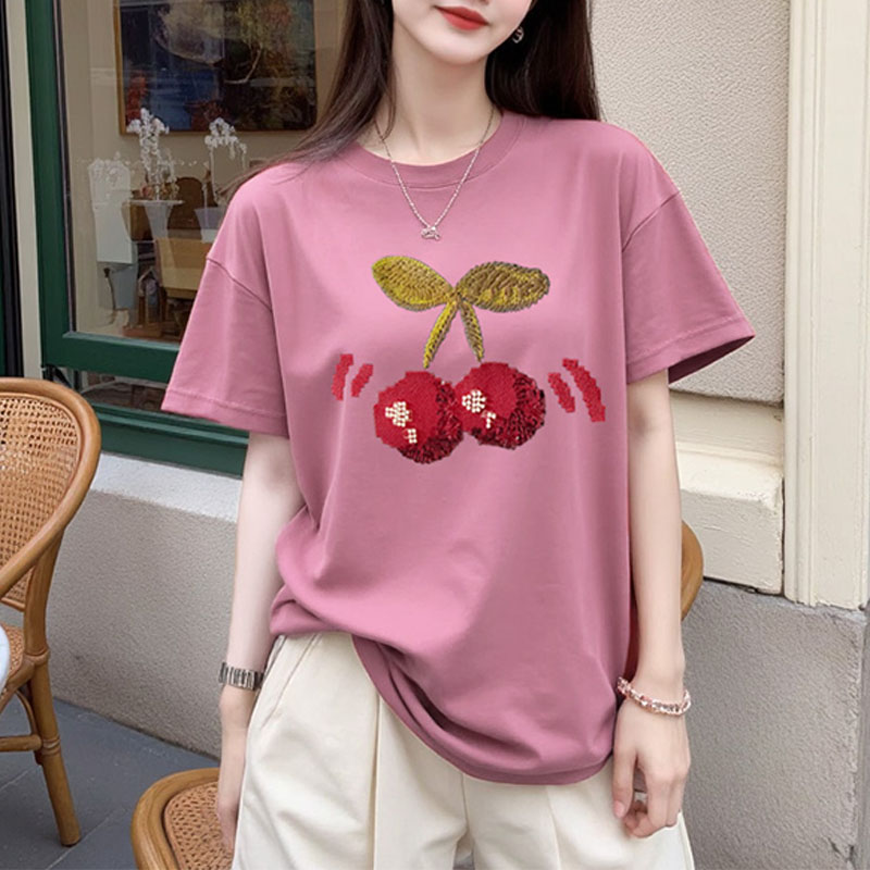 时尚潮流圆领樱桃魔方印花短袖T恤女夏季减龄百搭宽松显瘦上衣潮