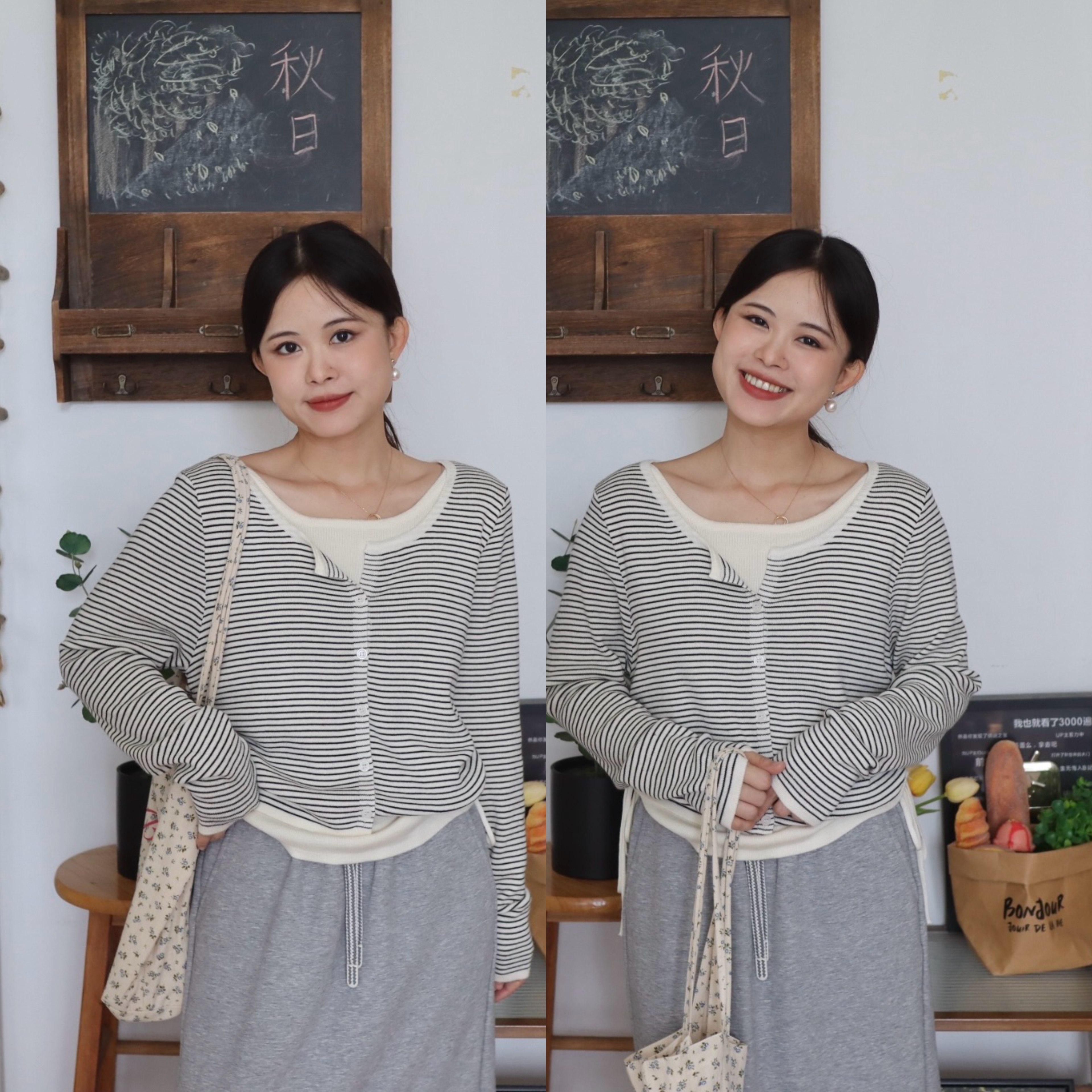 条纹假两件圆领开衫女侧抽绳收腰