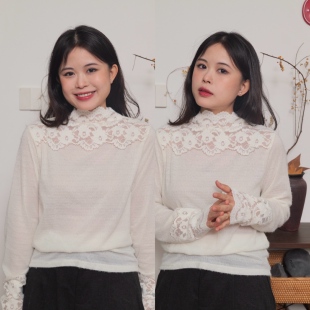 沉默家2025秋冬高领提花拼接蕾丝衫 女正肩直筒半透明雪纺上衣