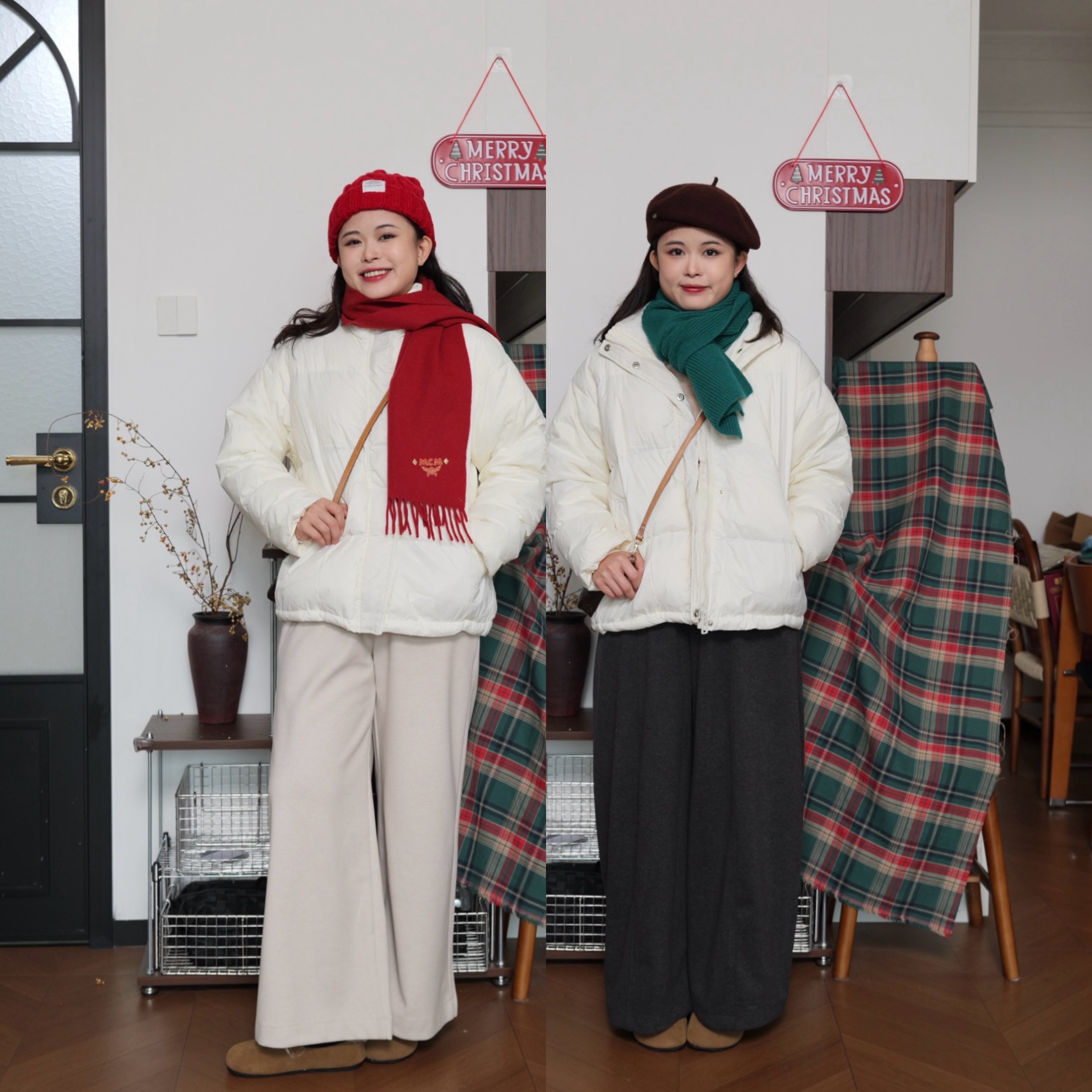 小立领米白色韩版宽松羽绒服