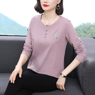 2026年新款纯棉长袖T恤女中年妈妈宽松大码上衣春秋款纯色打衣衫