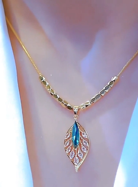 绿色锆石镀金叶子项链女锁骨链