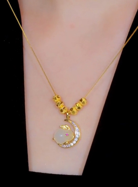 镀金微镶月兔项链玉兔锁骨链女