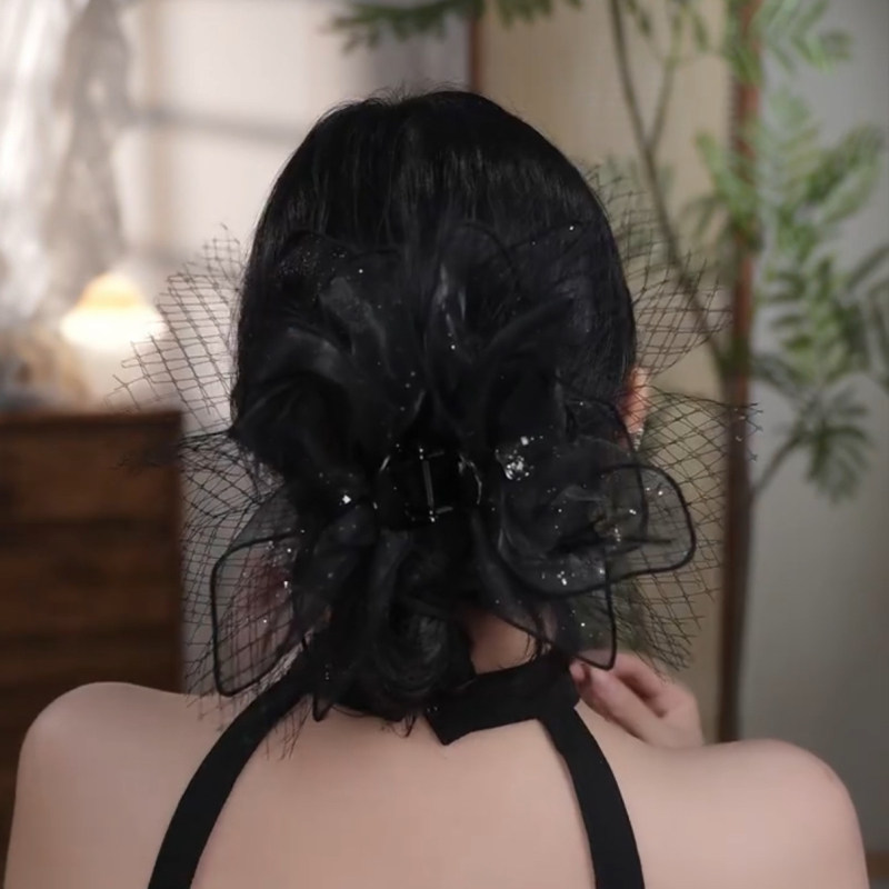 复古高级感网纱大蝴蝶结发夹赫本风气质抓夹鲨鱼夹子显发量头发饰