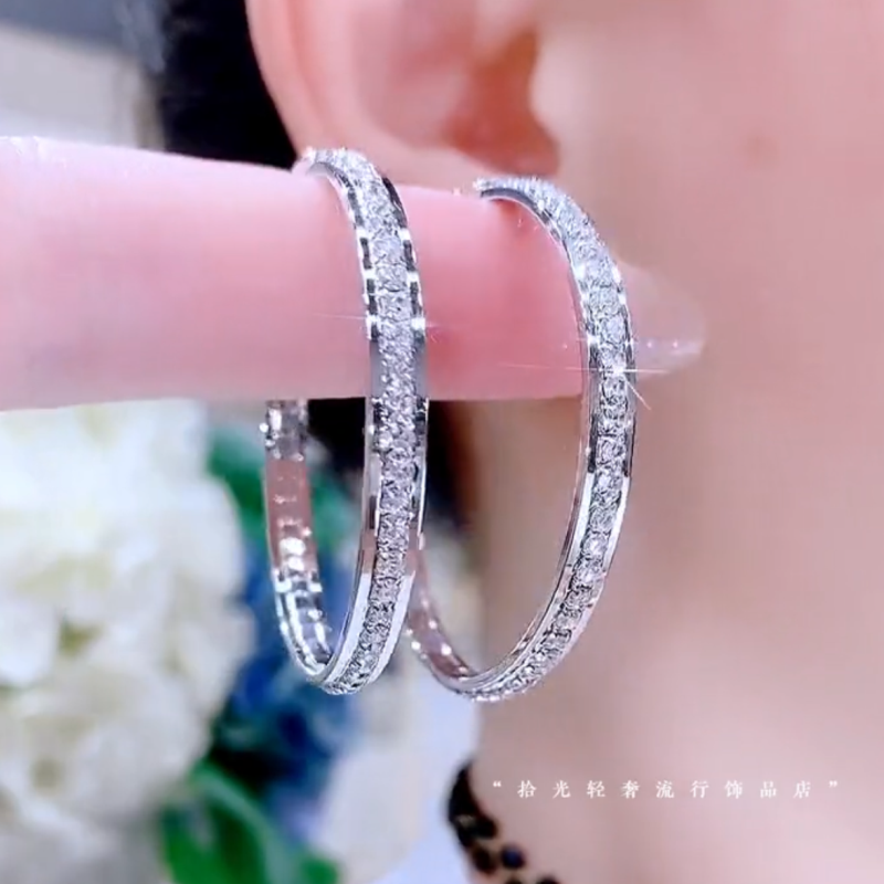 九彩虹日韩镀金女水钻圆圈耳饰