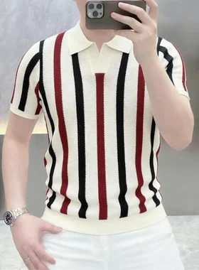 幽谷巷精品男装高档针织男士潮流翻领条纹短袖POLO衫时尚休闲T恤
