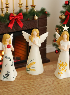 新品圣诞节摆件家居装饰摆件树脂米色天使套三客厅书架装饰品