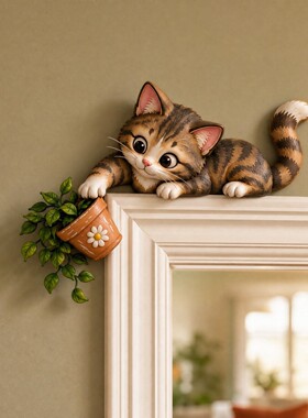 跨境 调皮猫咪门角装饰摆件 可爱狸花猫扒花盆木质门边框角工艺品